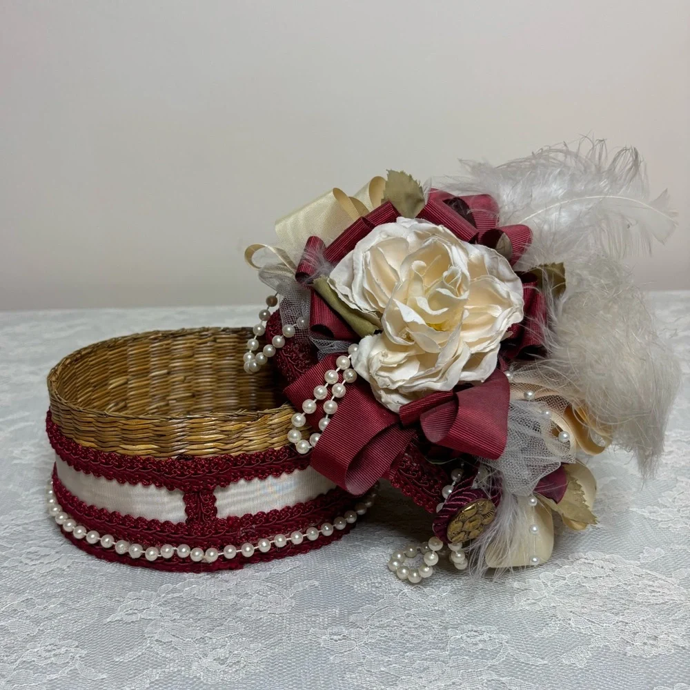 Victorian Lovers Box Handcrafted Woven Wicker Trinket Box Silk Satin Lace Pearls